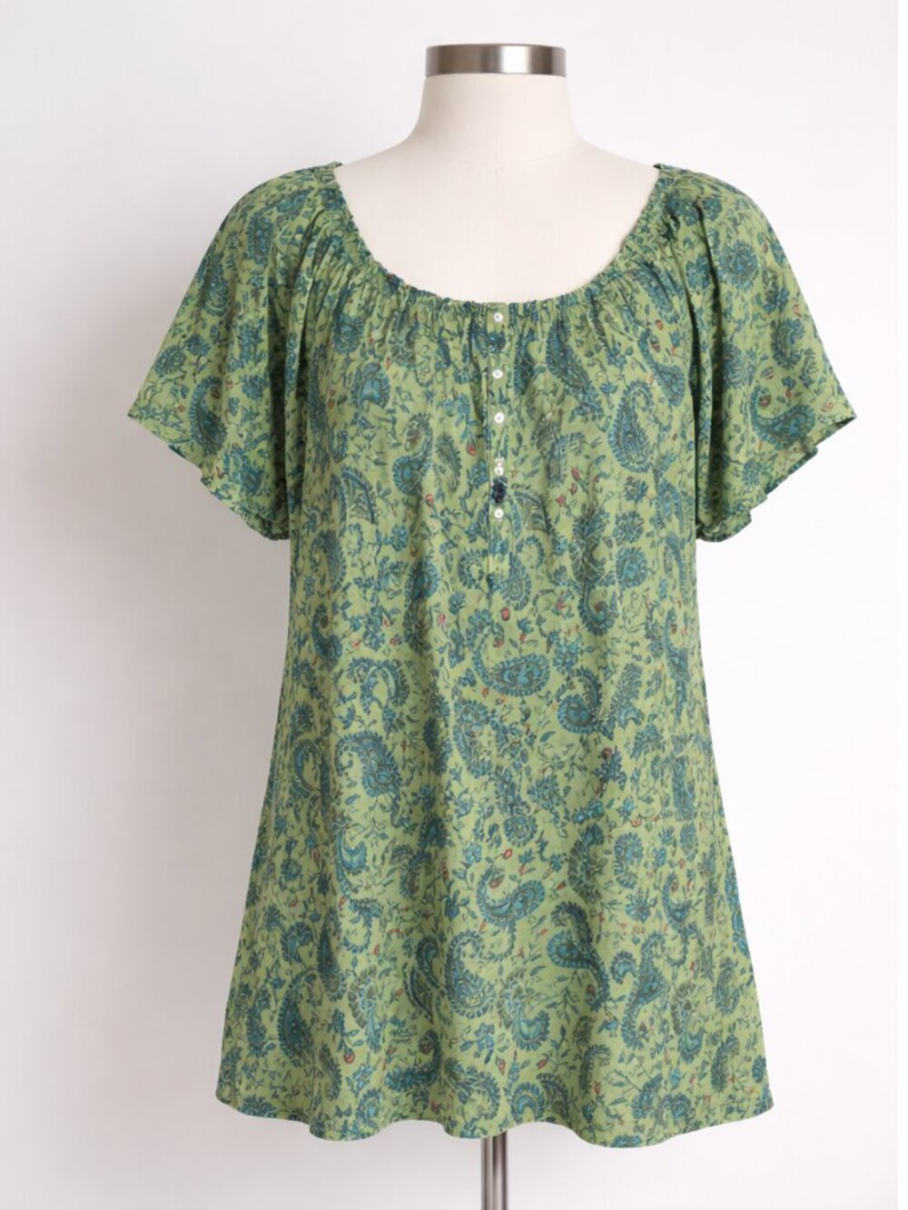 Chaps Green Paisley Peasant Blouse | Boho Short Sleeve Top